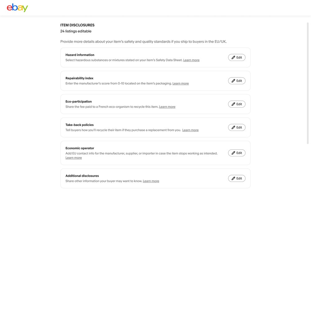 A full-page Item disclosures edit for 24 listings, with cards for hazard information, repairability index, eco-participation, take-back policies, economic operator and additional disclosures