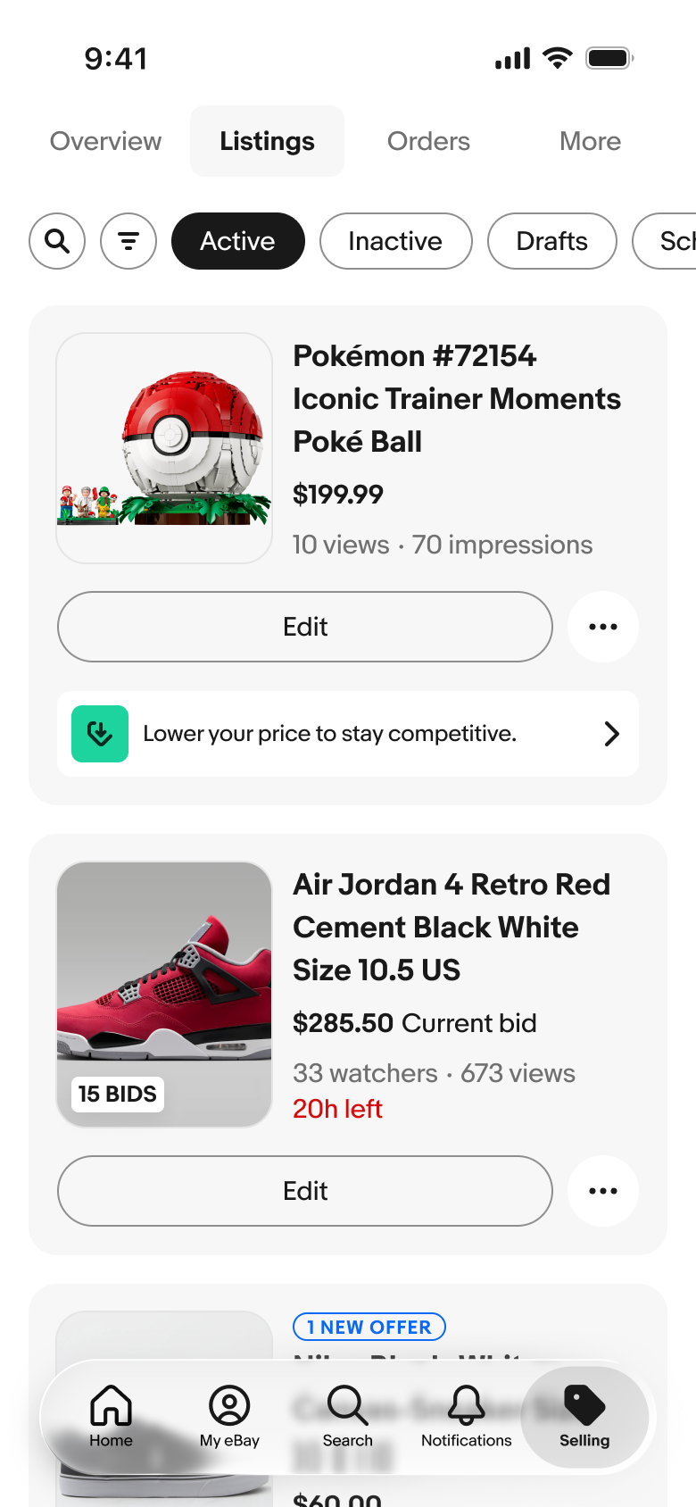 Listings screen in the eBay app with listing cards for a Pokémon Poké Ball set and Air Jordan sneakers, one with a recommendation to lower the price