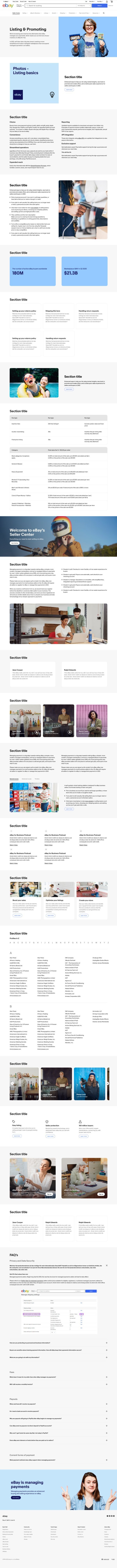 A long template page showing every Seller Center module: hero, feature lists, stat cards, topic cards, comparison tables, image banners, carousels, link lists, FAQs and footer