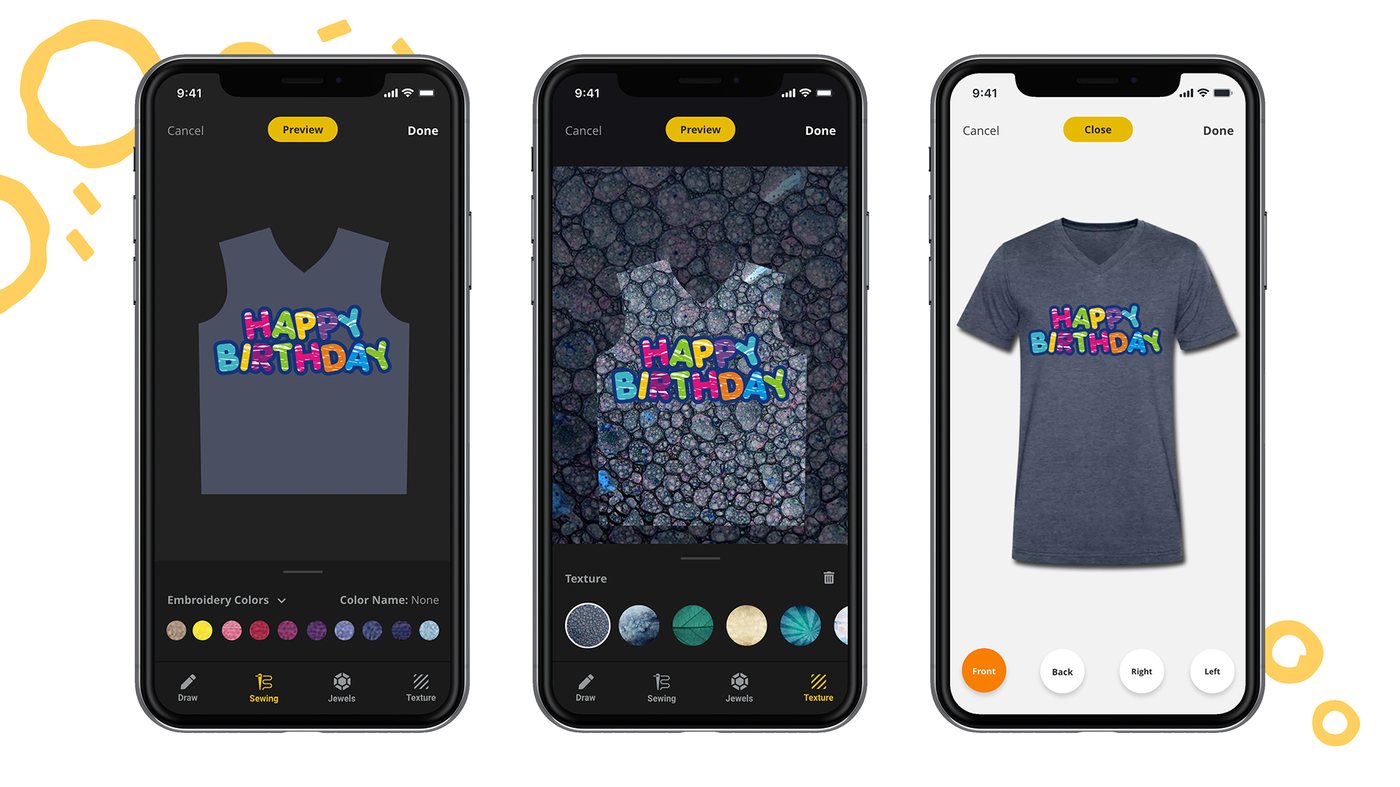 Three phone screens of the Uno Kiwi editor adding embroidery colors and textures to a Happy Birthday shirt