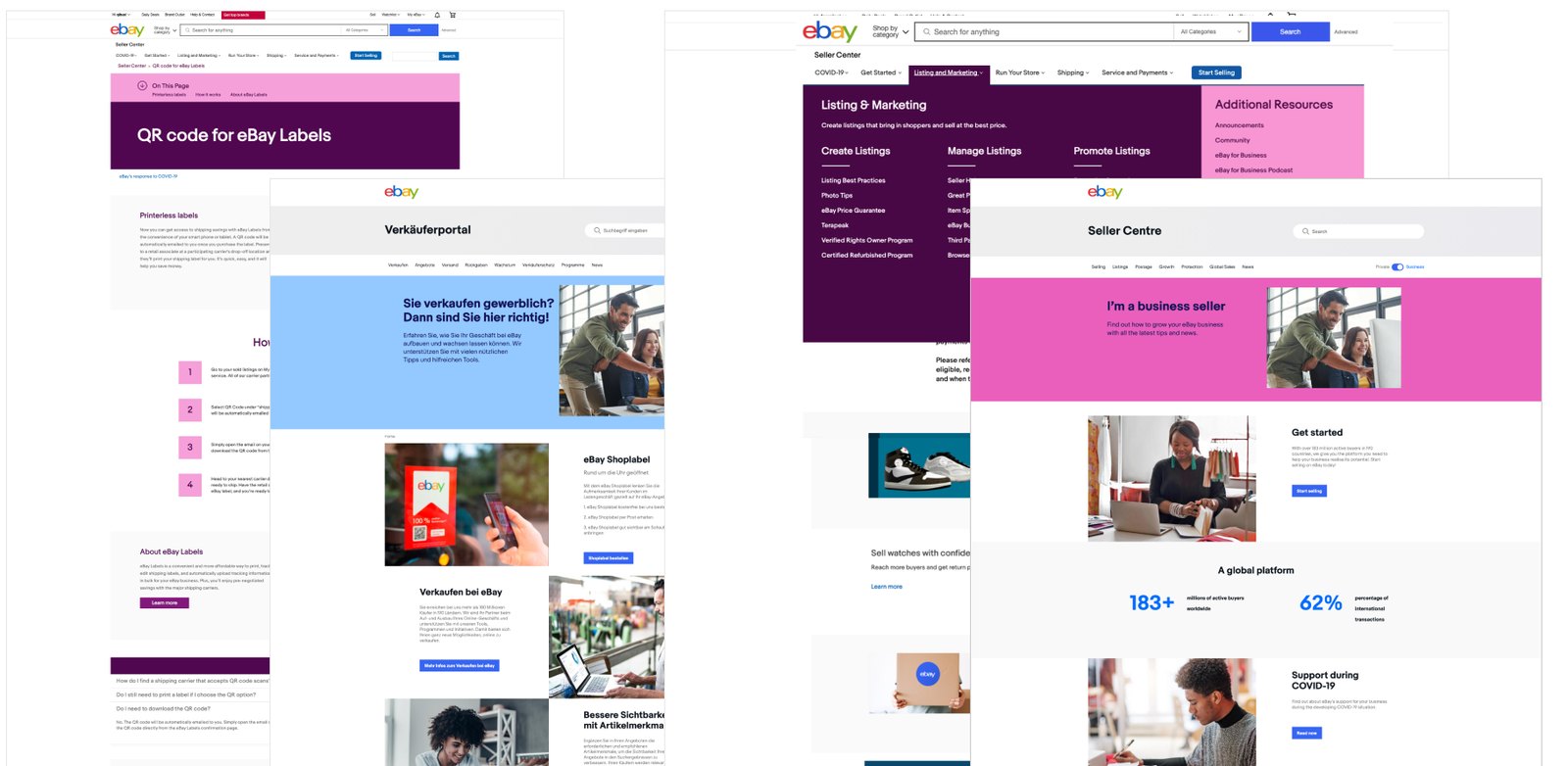 Screenshots of several regional eBay Seller Centers, each with a different layout, navigation and color scheme
