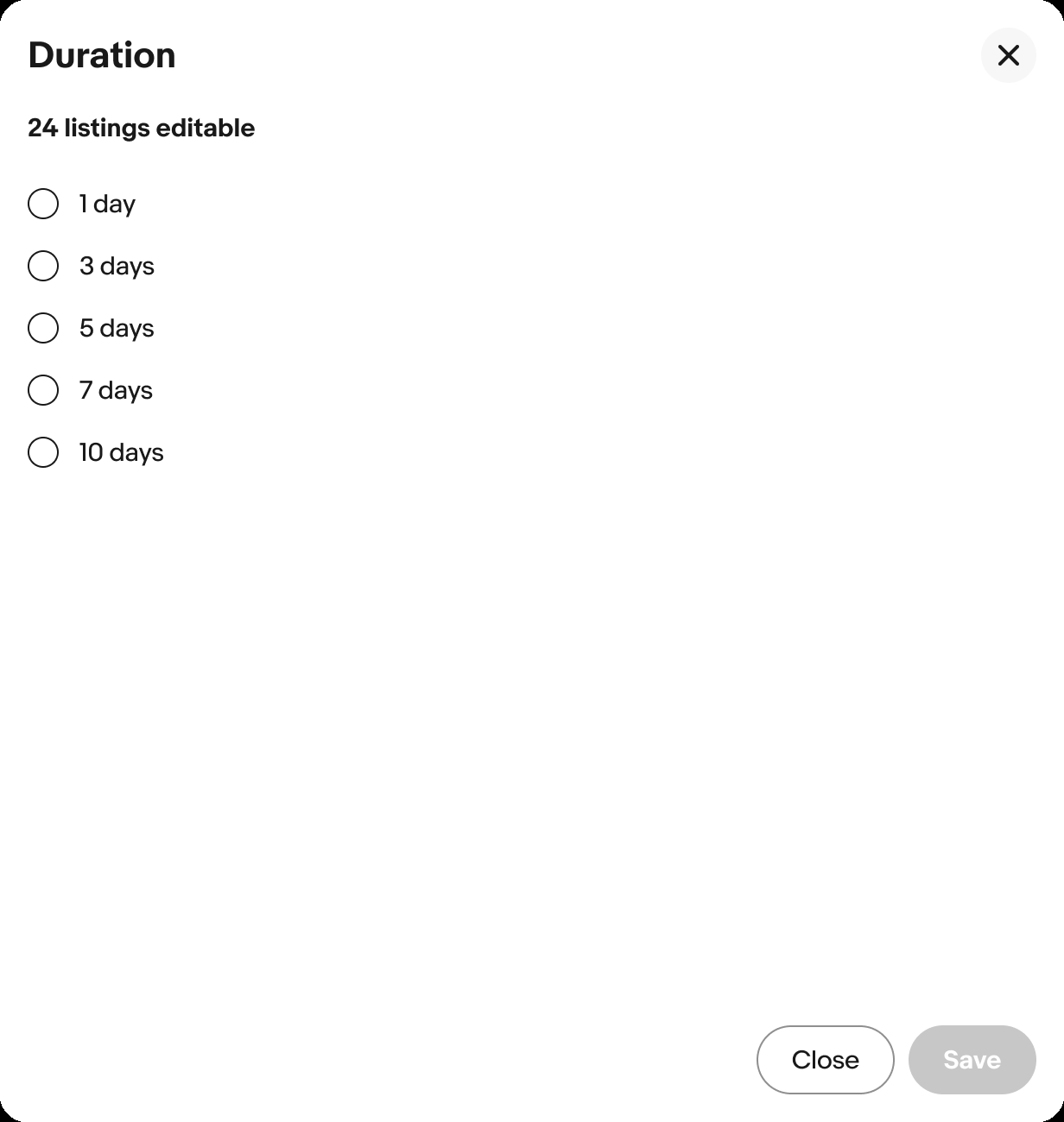 A small Duration modal for 24 listings with five options, from 1 day to 10 days, and Close and Save buttons