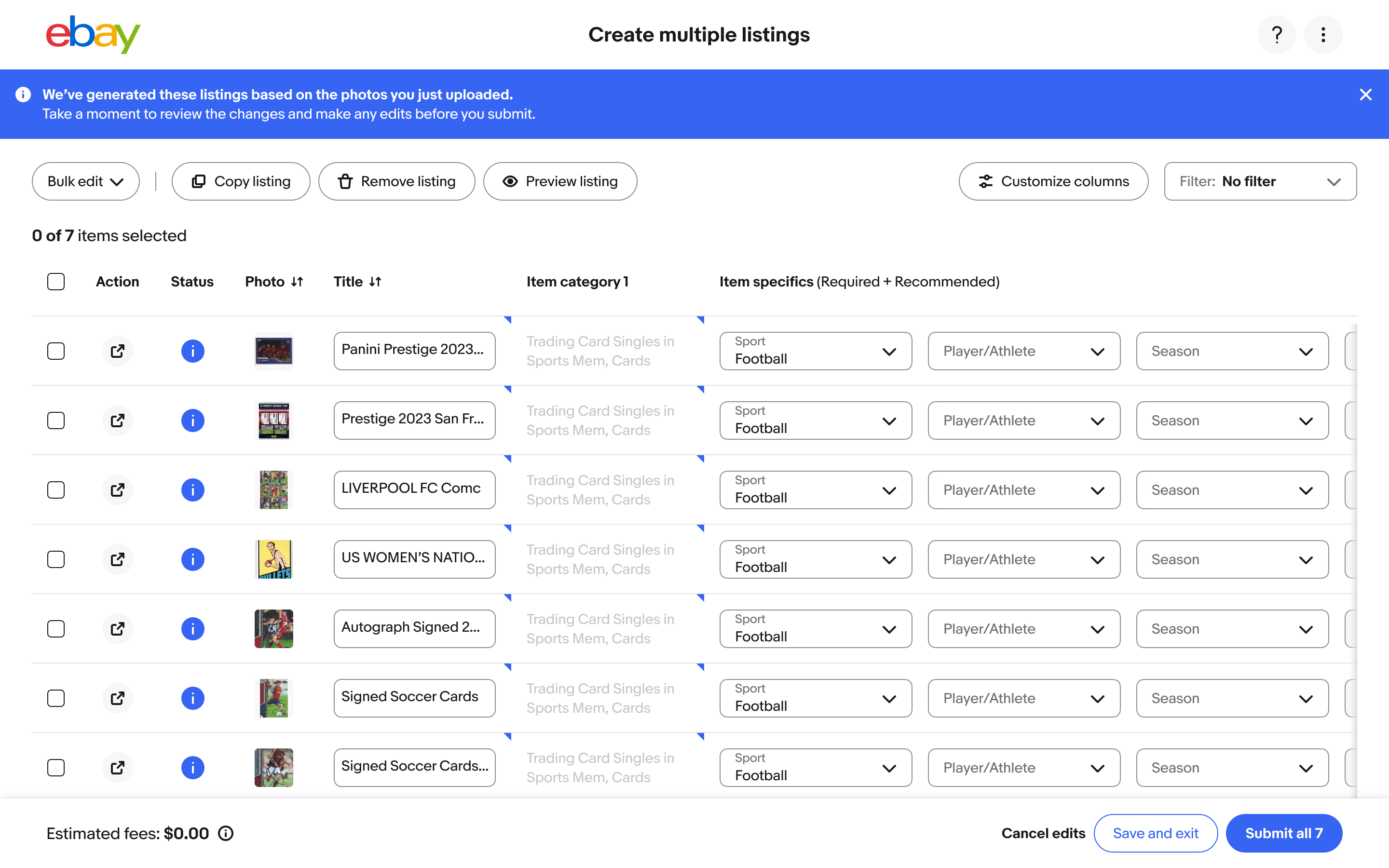 Create multiple listings with a banner saying the listings were generated from the photos just uploaded, above seven drafted trading card listings with categories and item specifics filled in