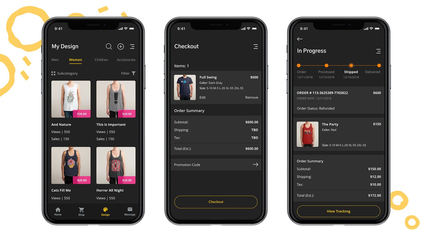 Three dark phone screens of the Uno Kiwi app: a design gallery, checkout and order tracking