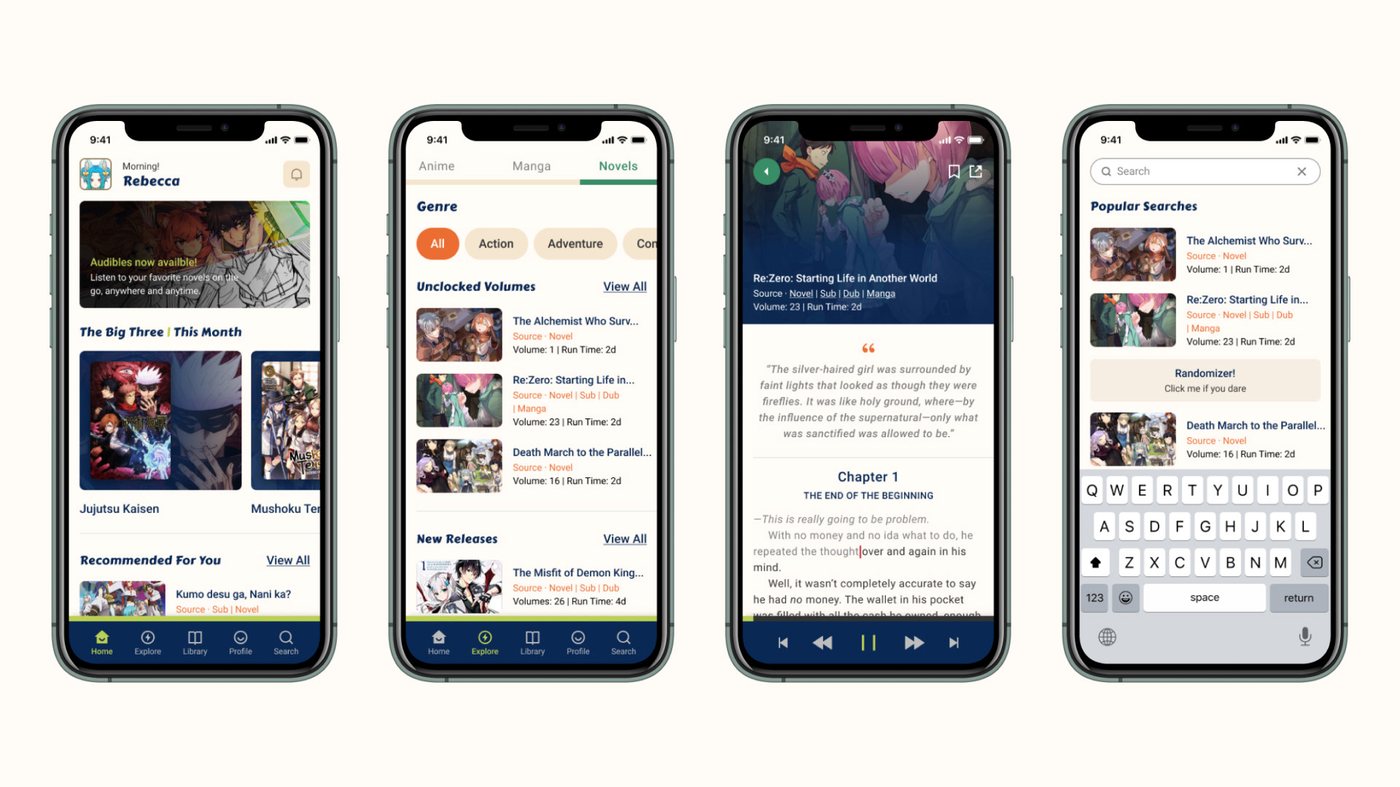 Four phone screens of the StrayDogs app: home, explore novels, an audiobook reader and search