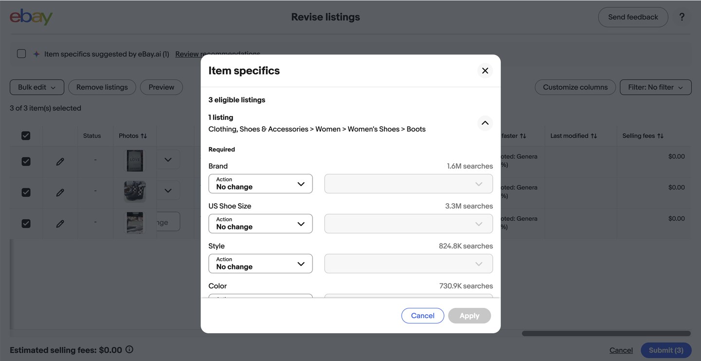 The Item specifics bulk edit modal, packed with grouped categories and fields like Brand, US Shoe Size, Style and Color that scroll inside the modal