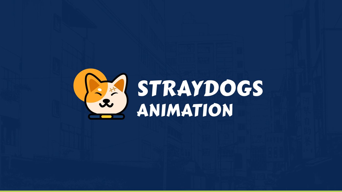 StrayDogs Animation logo with a smiling dog mascot on a navy background