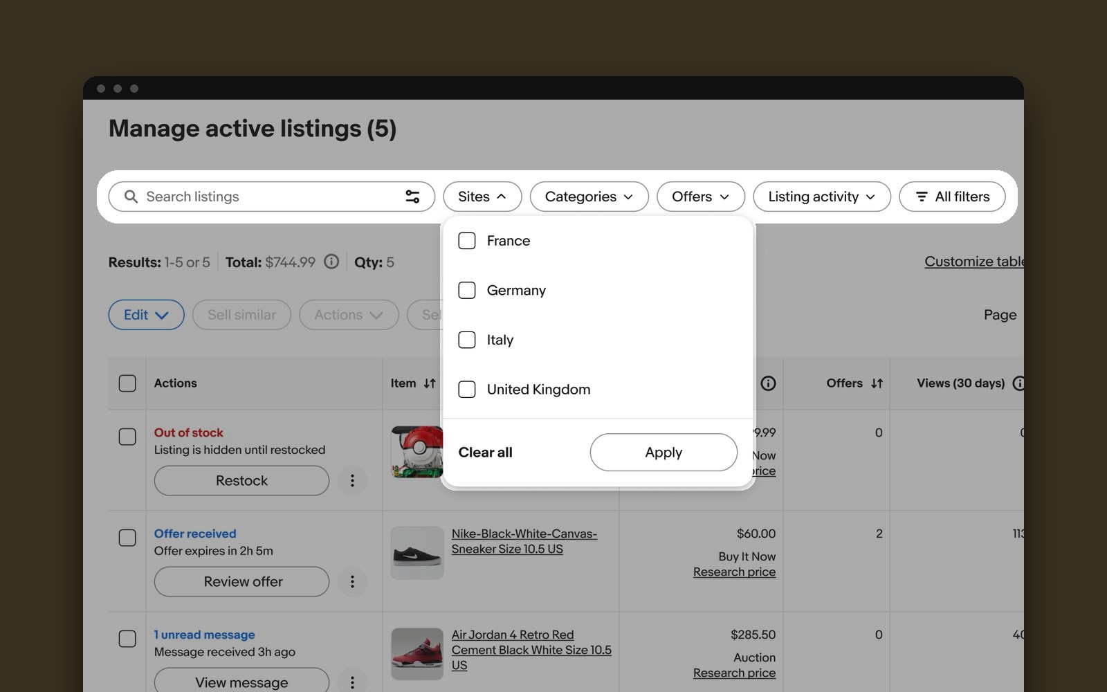 Seller Hub active listings, zoomed in on the search bar and filter chips, with the Sites filter open showing France, Germany, Italy and United Kingdom