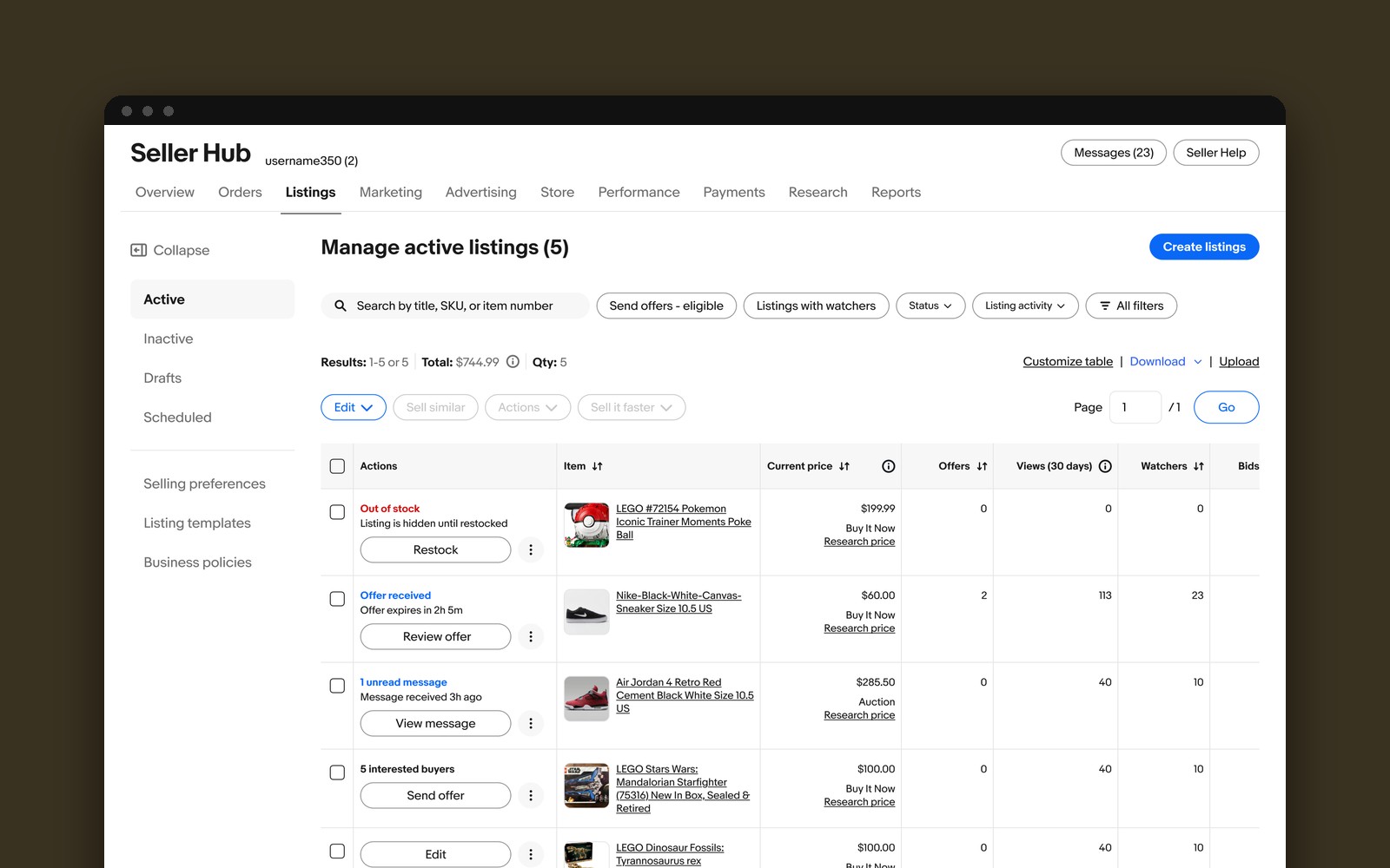 The Seller Hub active listings table in a browser window, where each listing shows its most important action, like Restock, Review offer, View message or Send offer