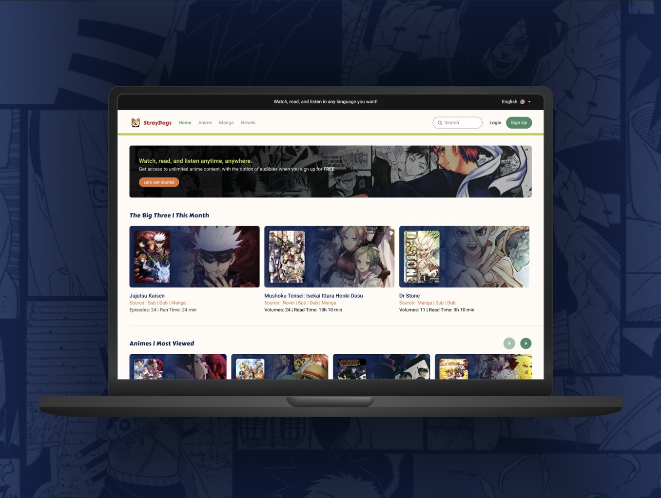 The StrayDogs homepage on a laptop, with a sign-up banner and The Big Three This Month featuring Jujutsu Kaisen, Mushoku Tensei and Dr. Stone