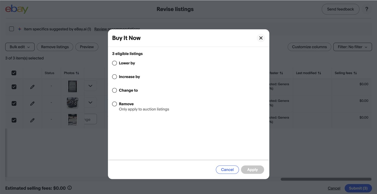 The Buy It Now bulk edit modal, the same size as the item specifics one but with only four options and lots of empty space