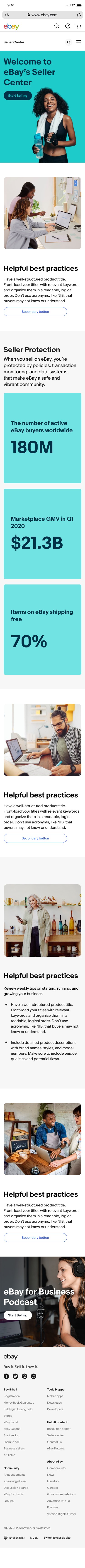 The redesigned Seller Center on a phone: a teal hero, helpful best practices, seller protection, stat cards for 180M buyers, $21.3B GMV and 70% free shipping, more tips and a podcast banner