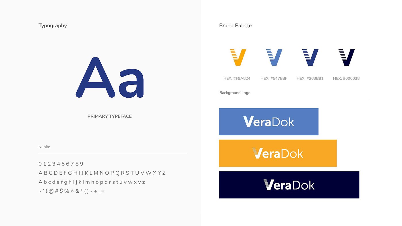 VeraDok brand guide showing the Nunito typeface, four brand colors and logo lockups