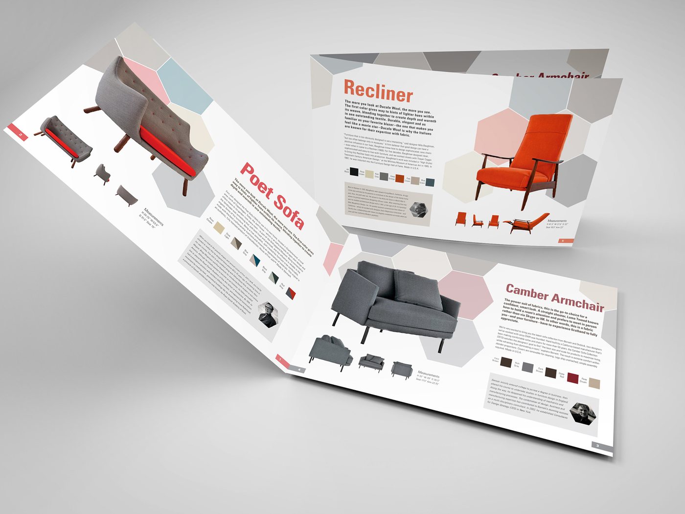 Open furniture catalog spreads featuring a sofa, a recliner and an armchair over a pastel hexagon pattern