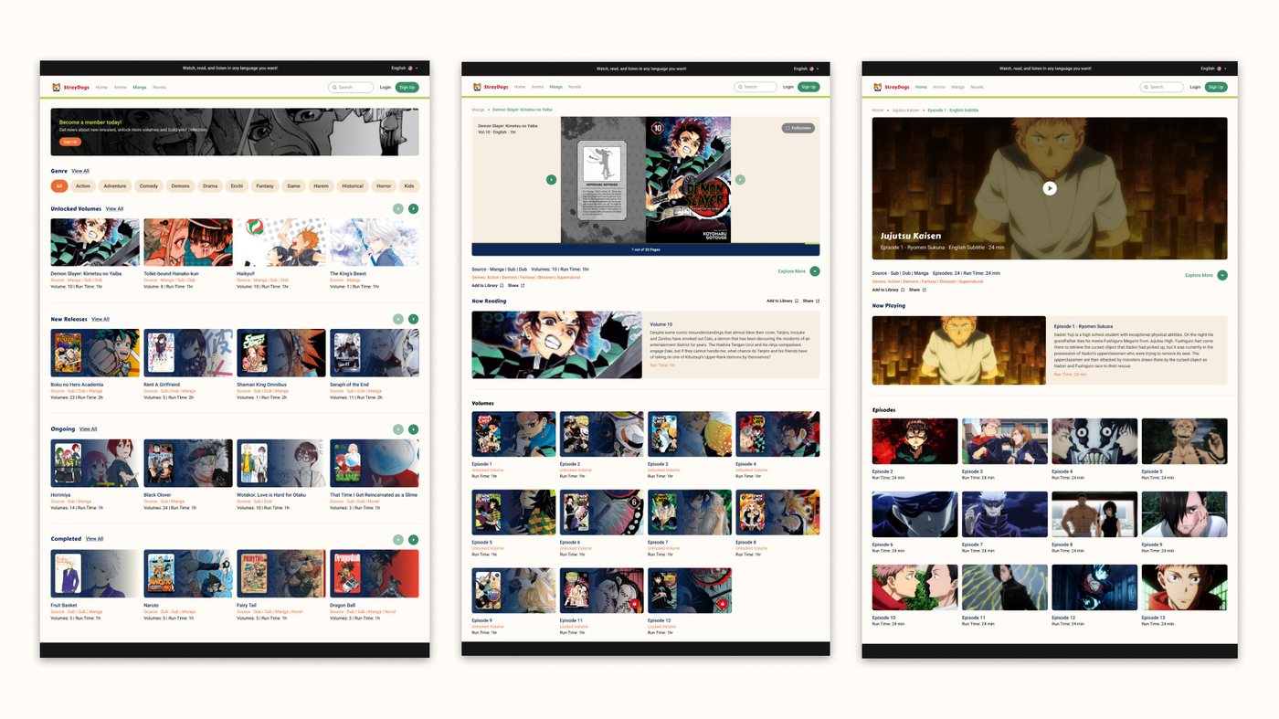 Three desktop screens of the StrayDogs website: browse, manga reader and episode player