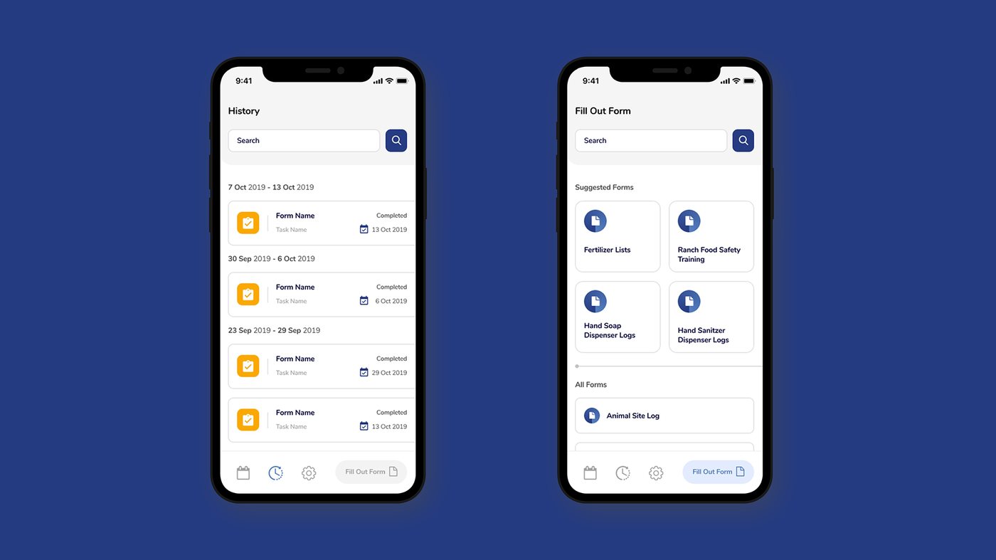 Two phone screens of the VeraDok app showing completed form history and suggested forms