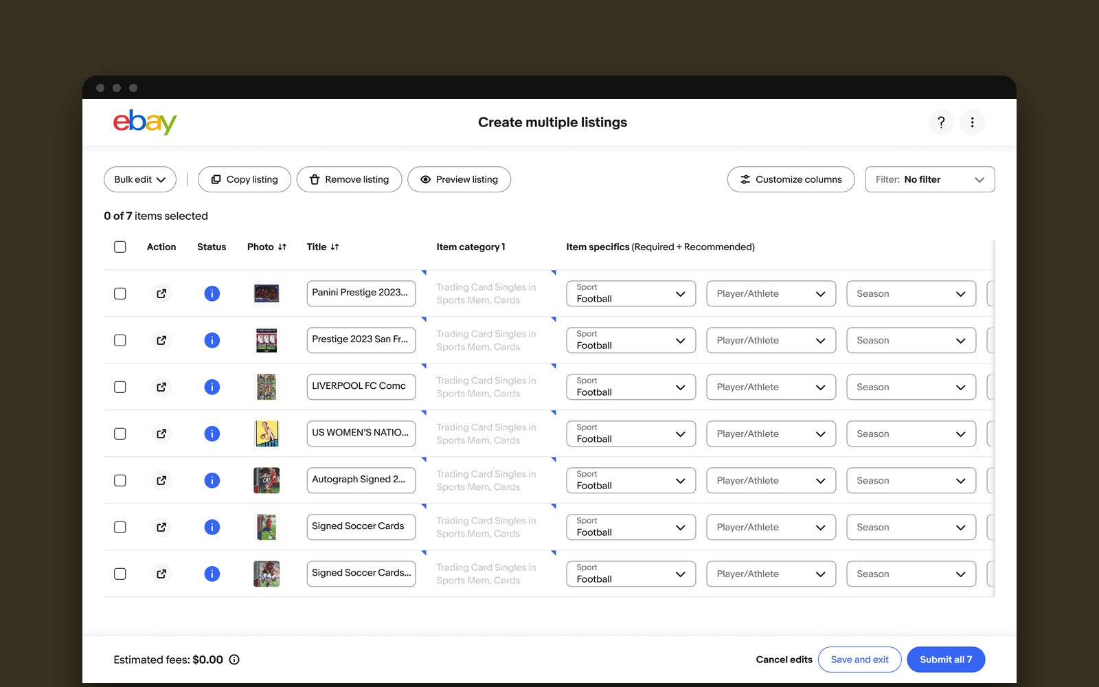 The Create multiple listings page in a browser window, with a table of seven trading card listings that already have photos, titles, a suggested category and item specifics filled in