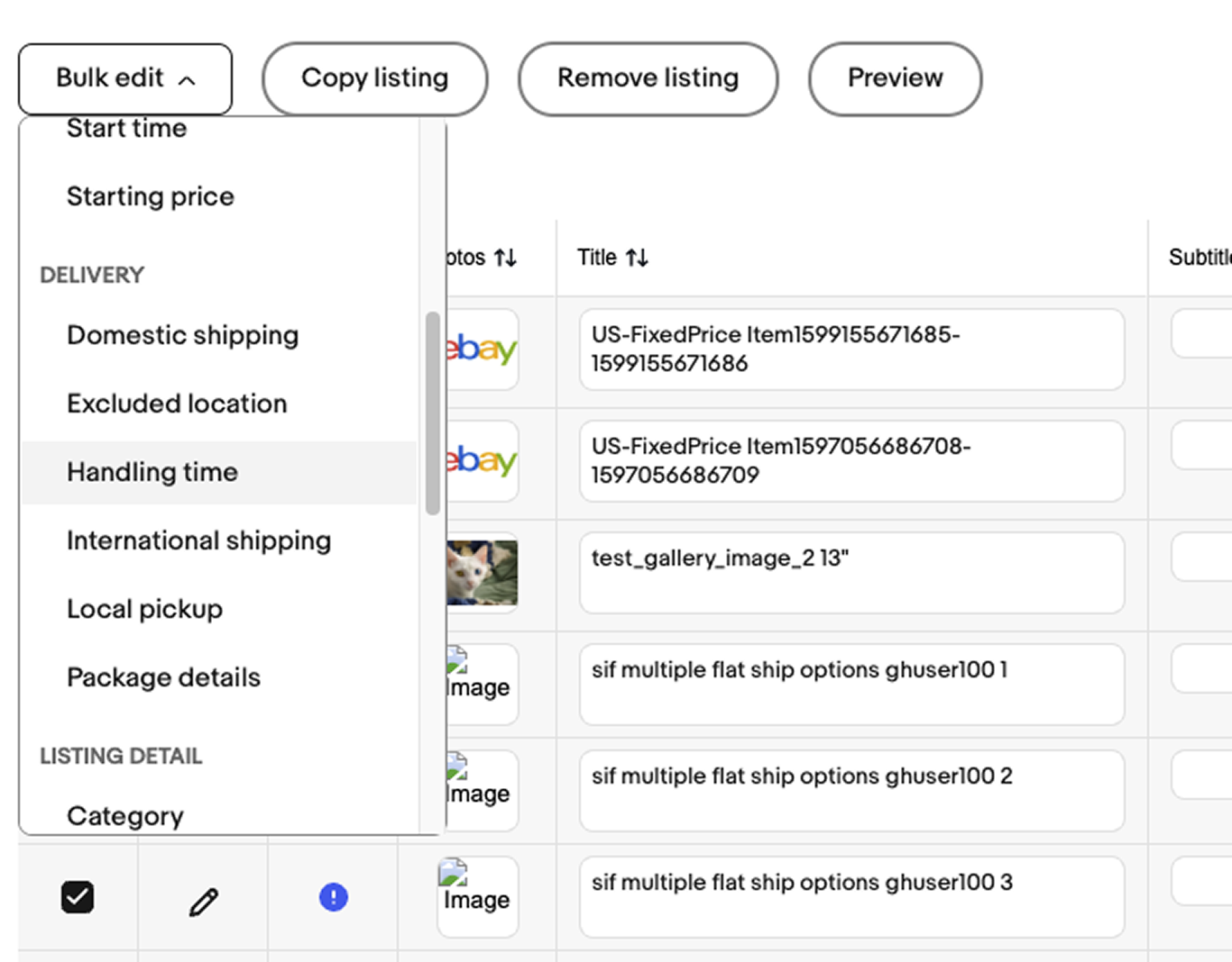 The old Bulk edit menu, a long scrolling list of fields grouped under headings like Delivery and Listing detail