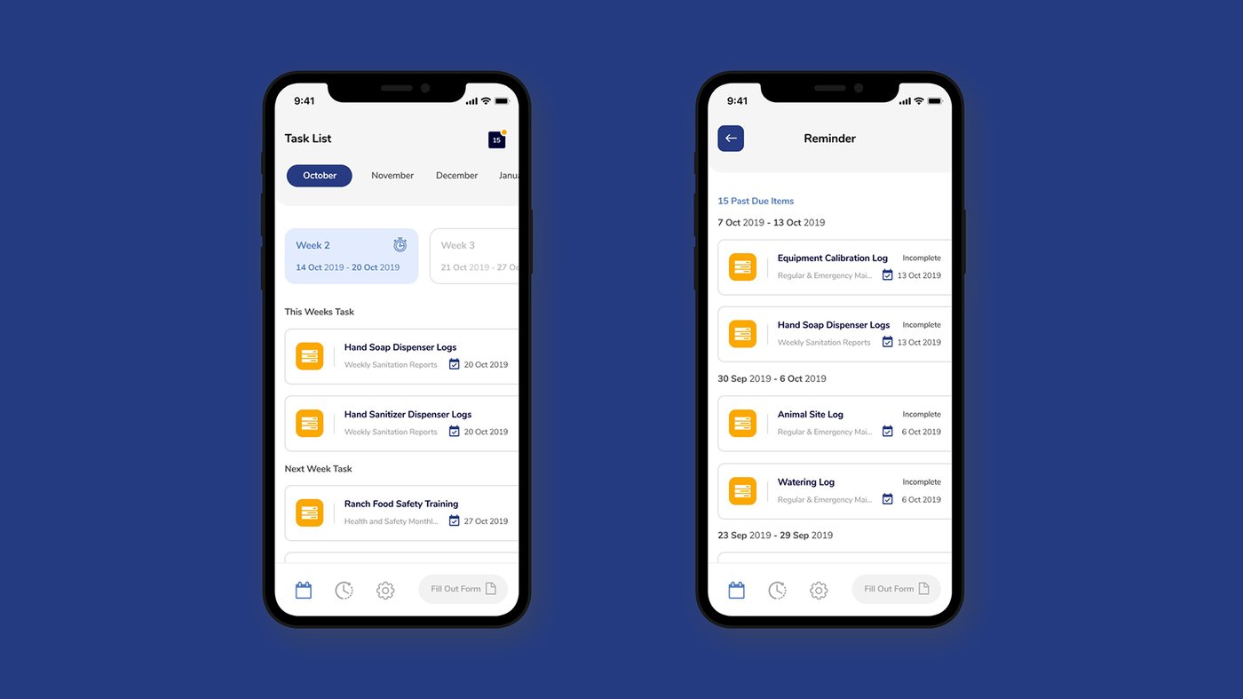 Two phone screens of the VeraDok app showing a weekly task list and past-due reminders