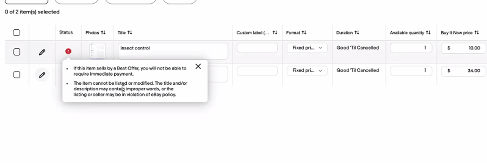 An error tooltip in the old table saying the item cannot be listed or modified because the title or description may contain improper words, or the listing may violate eBay policy