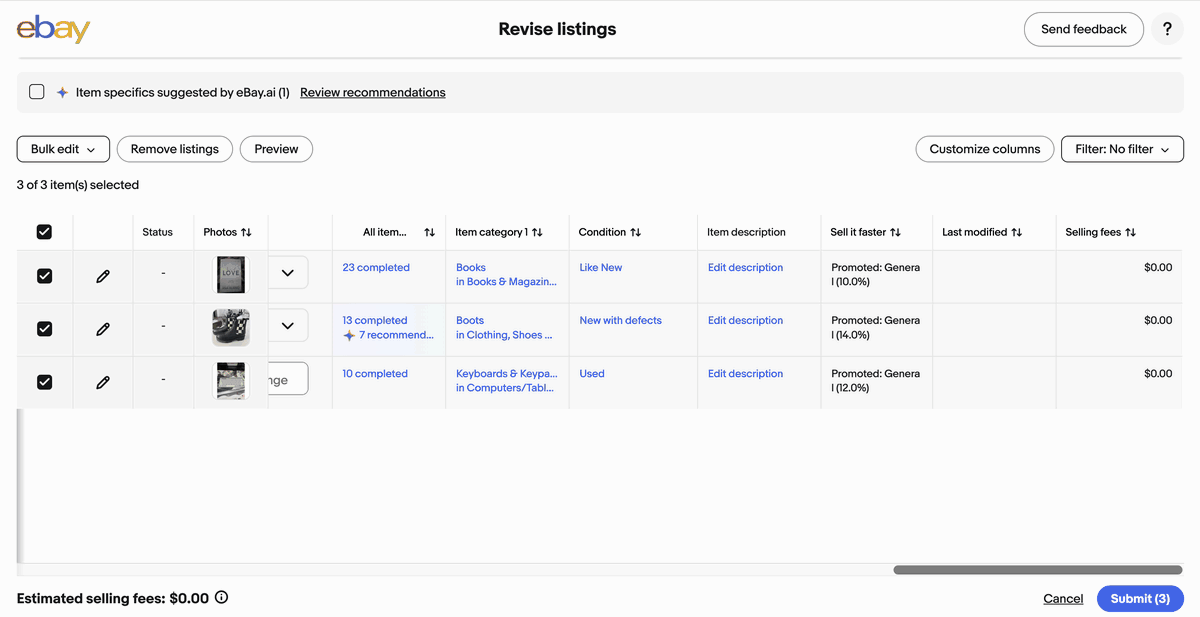 Animation of bulk editing item specifics today: listings grouped by category, the Boots group expanded with fields like Brand and US Shoe Size and their search counts, and Brand set to Change to with a searchable list