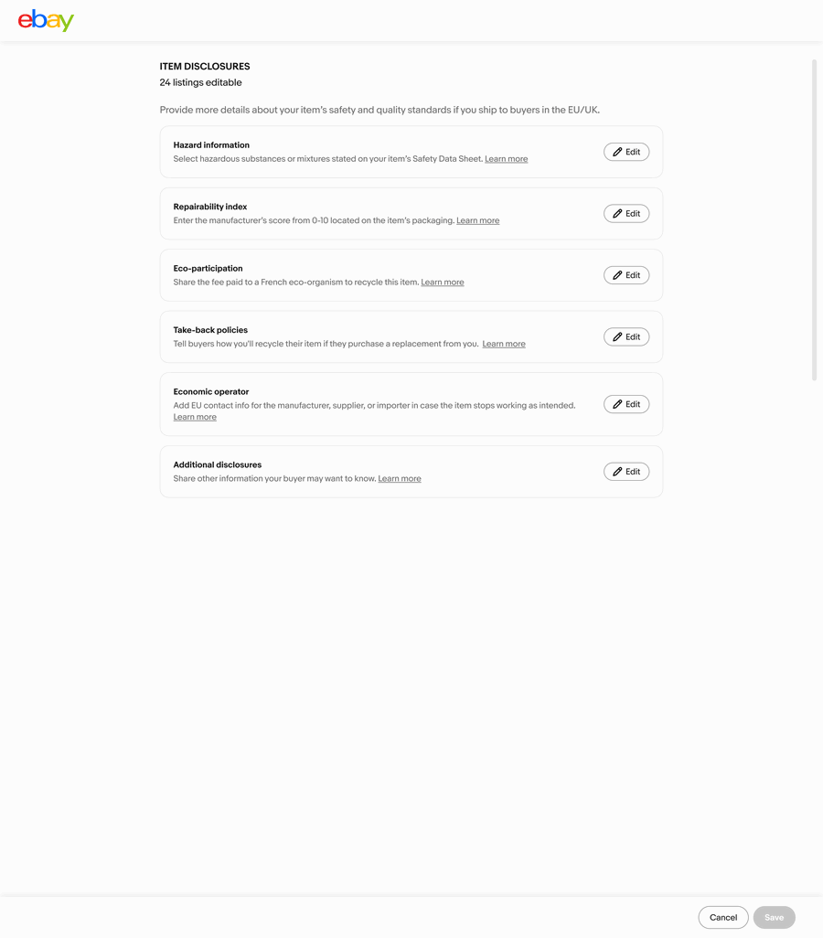 Animation of the Item disclosures page for 24 listings: the seller opens Economic operator, fills in the EU contact name, country, address, phone and email, and saves