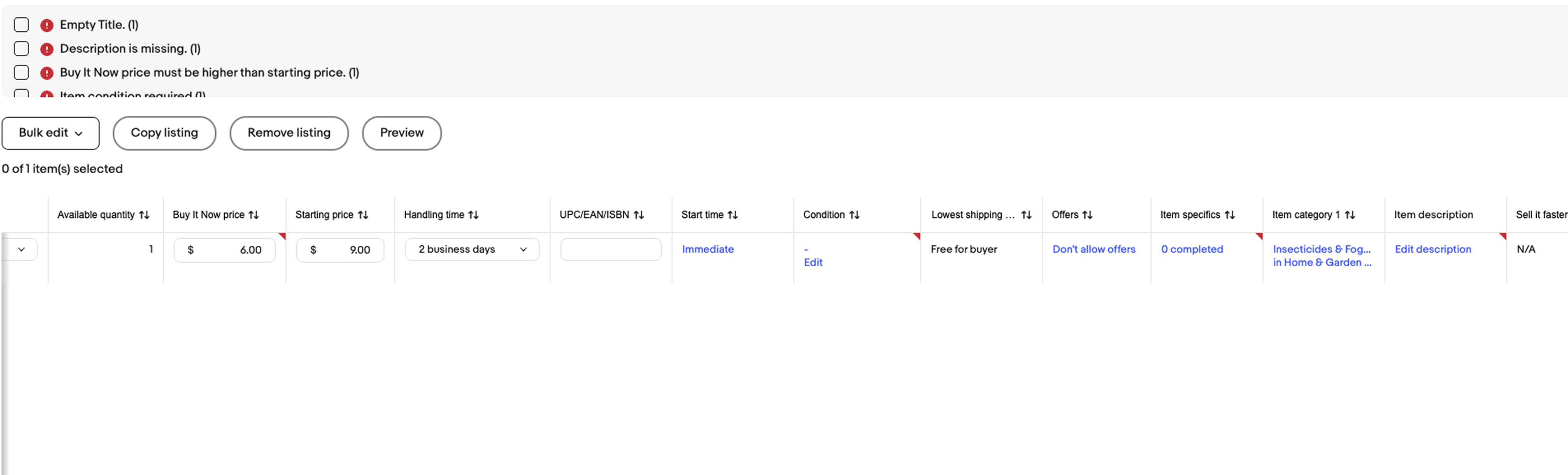 The old bulk editing table with a list of errors on top, like Empty title and Description is missing, above a wide row of columns