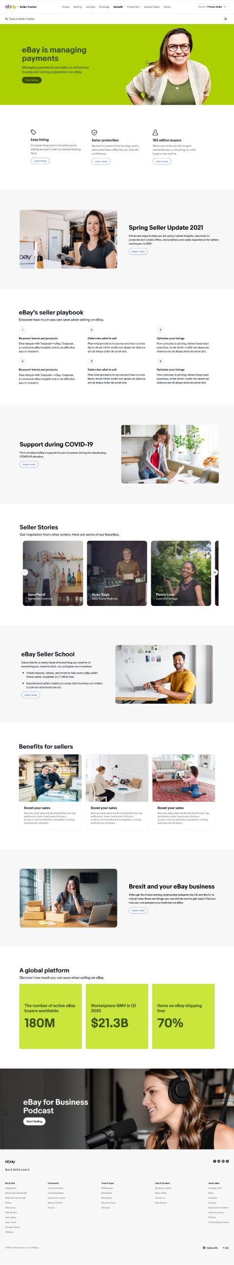 Top of the redesigned Seller Center homepage, with a bright green hero about eBay managing payments