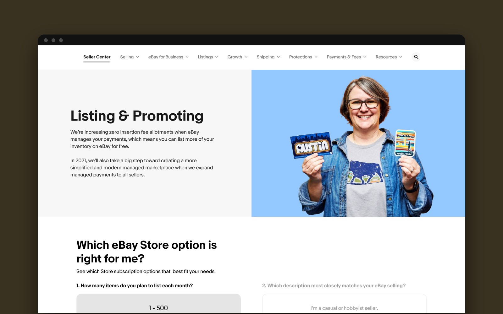 The Seller Center Listing & Promoting page in a browser window, with a seller holding up two Austin stickers and a quiz to find the right eBay Store option