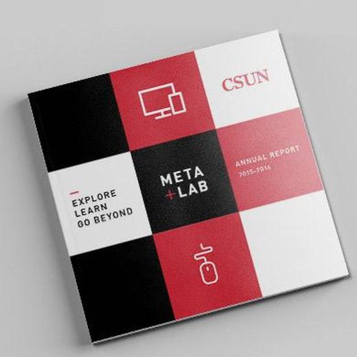 META+LAB 2015–16 annual report cover in red, black and white