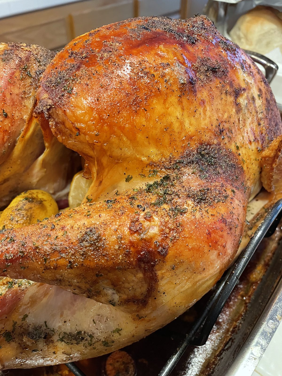 A golden roast turkey with herbs, cooked by Jasmine