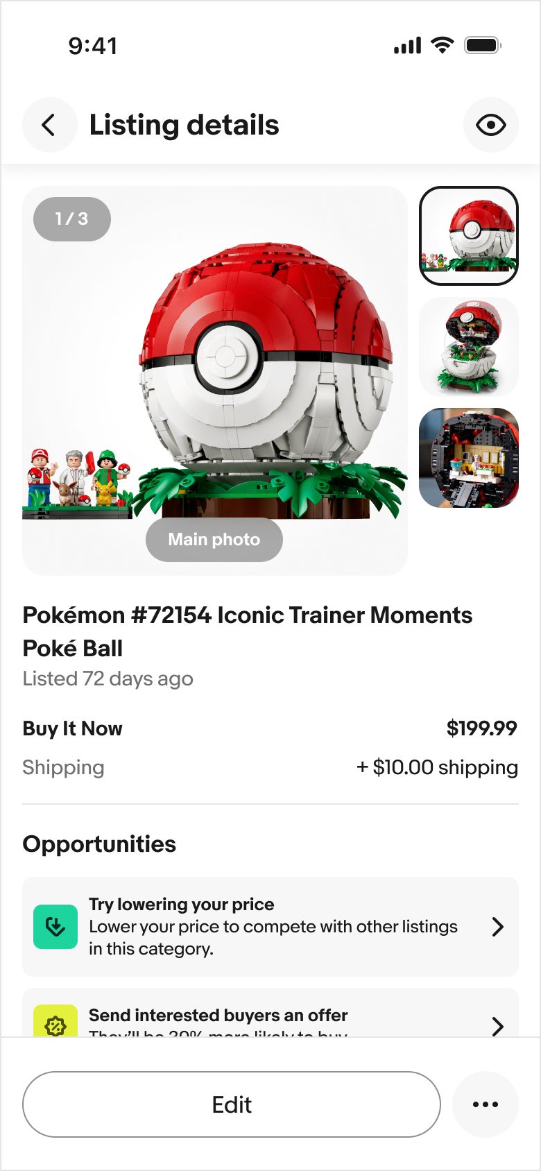 Listing details screen for the Poké Ball set, with a photo gallery, price and shipping, and an Opportunities section suggesting a lower price or sending buyers an offer