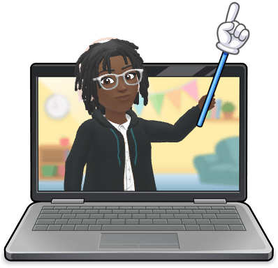Jasmine’s avatar leaning out of a laptop screen, pointing toward what she learned