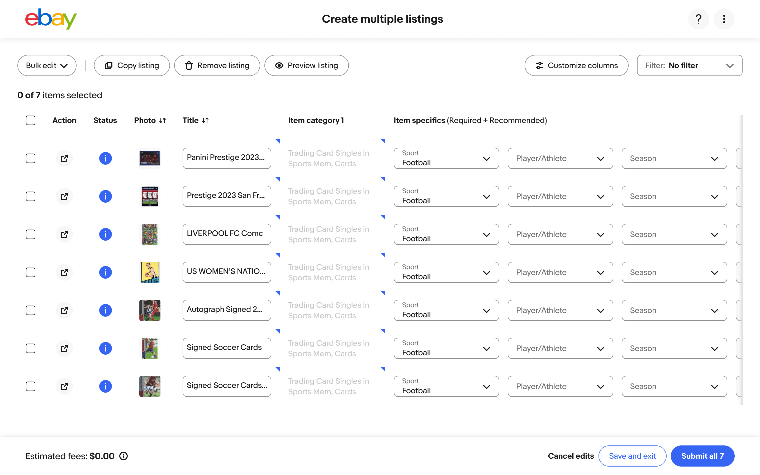 The Create multiple listings page with seven trading card listings, each with a photo, a title, a suggested category of Trading Card Singles and item specifics like Sport already filled in